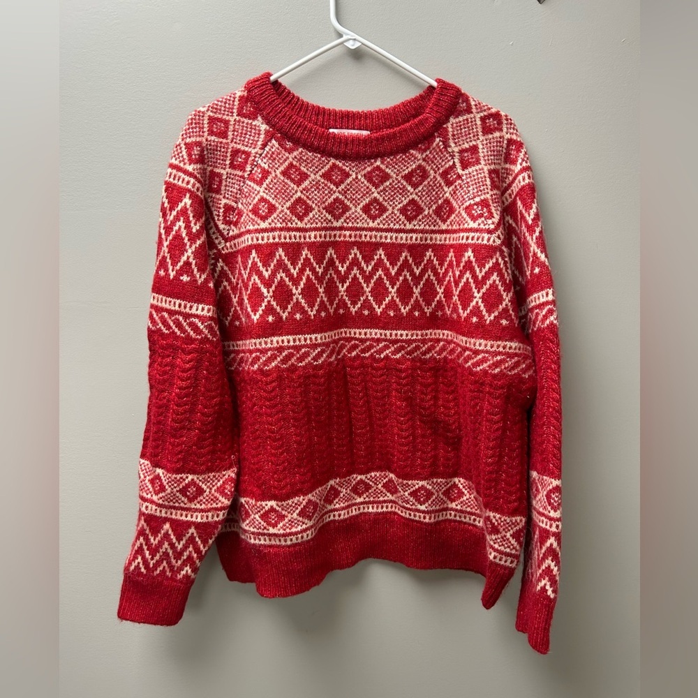 Joe Fresh Red and‎ White Patterned Crewneck Knit Sweater